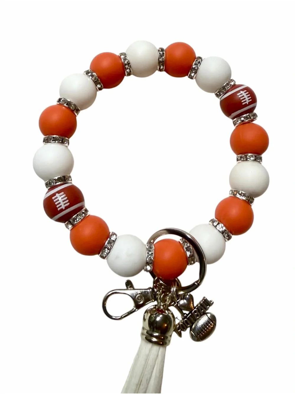 Burnt Orange and White TX Football Silicone Bead Wristlet Keychain Handmade